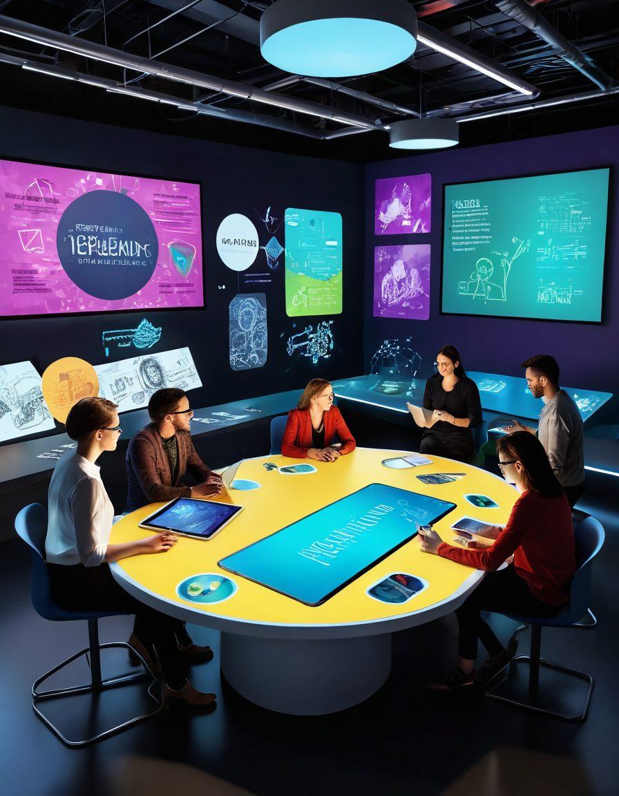A captivating digital workspace featuring a diverse group of storytellers collaborating around a high-tech table, surrounded by vibrant screens displaying colorful, imaginative stories. Include elements like floating text bubbles filled with engaging narratives, and artistic sketches coming to life. The atmosphere should be energetic and creative, symbolizing digital storytelling. bright colors. 3D. futuristic.