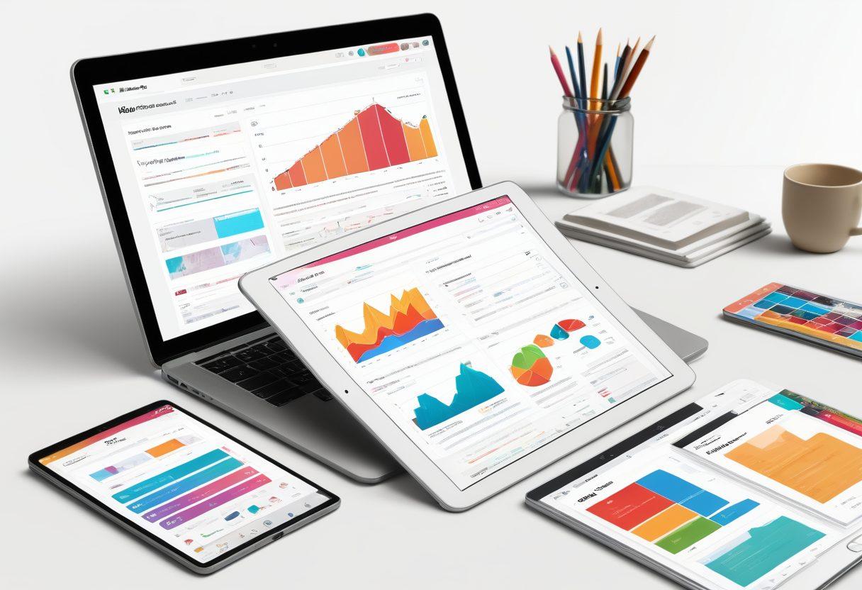 A dynamic digital workspace showcasing a diverse group of engaged readers interacting with an online journal on various devices. Include colorful graphs, interactive elements like polls and comments, and a warm, inviting atmosphere that emphasizes community and participation. Use a clean layout with vibrant colors to convey excitement and creativity. ultra-realistic. vibrant colors. white background.
