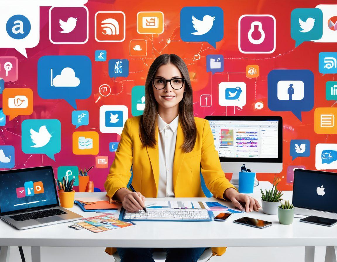 A vibrant digital landscape featuring a blogger at a desk, surrounded by various social media icons floating around, symbolizing connection and strategy. Bright colors enhance the atmosphere with an overlay of charts and analytics in the background. The imagery should capture the essence of content creation merging with social media engagement. super-realistic. vibrant colors. white background.